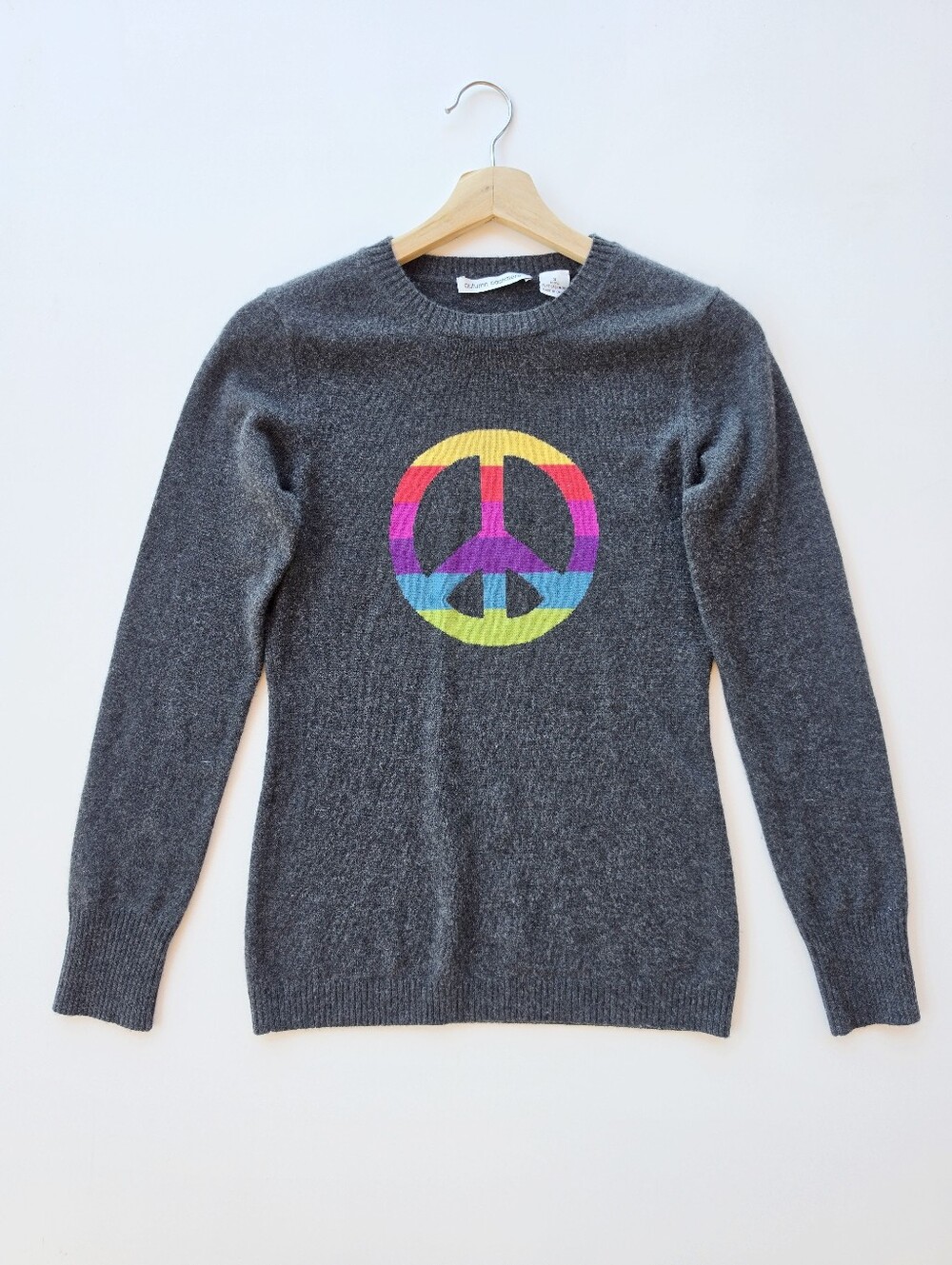 Autumn Cashmere Dark Grey Rainbow Peace Sign 100% Cashmere Sweater